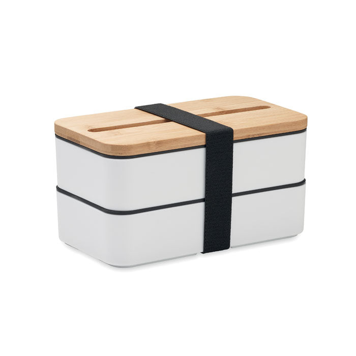 Lunchbox en PP recyclé avec 2 compartiments, 3 couverts inclus et couvercle en bambou WINT personnalisable