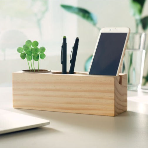 Station de bureau en bois 3-en 1 support à smartphone, pot à crayon et plante THILA personnalisable