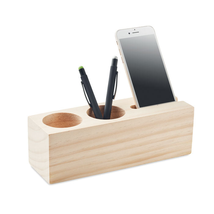 Station de bureau en bois 3-en 1 support à smartphone, pot à crayon et plante THILA personnalisable