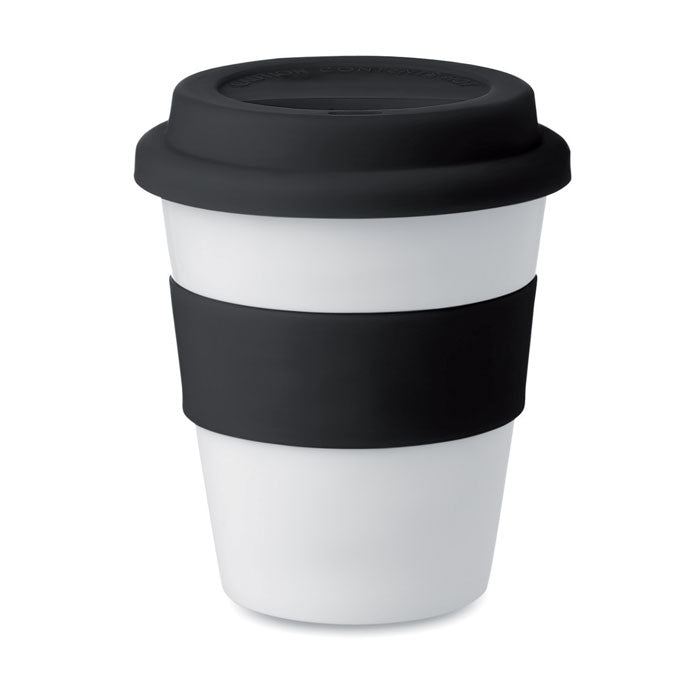 Gobelet en plastique simple paroi avec couvercle et bande anti-dérapante en silicone ASTORIA personnalisable