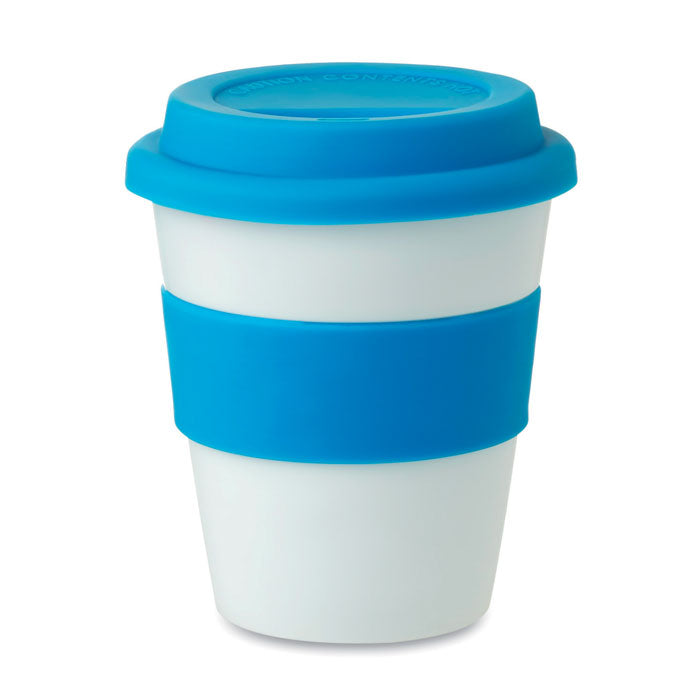 Gobelet en plastique simple paroi avec couvercle et bande anti-dérapante en silicone ASTORIA personnalisable