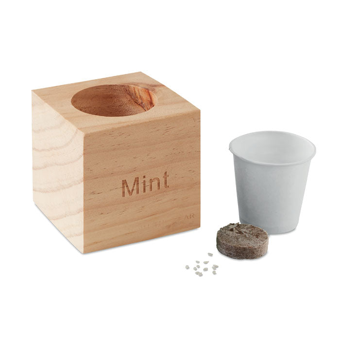 Pot en bois avec graine Menthe MENTA personnalisable
