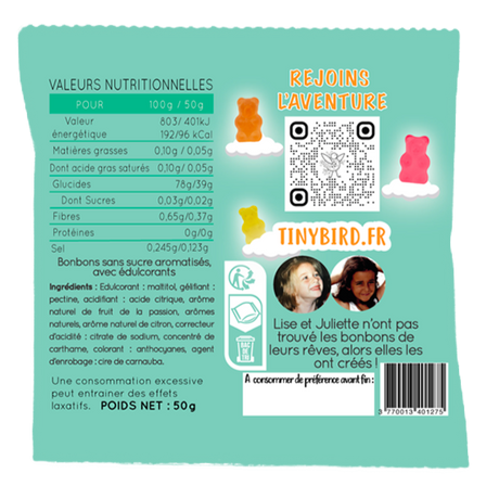Sachet d'oursons gélifiés vegan & sans sucre 50g personnalisés fabriqué en France 🇫🇷