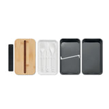 Lunchbox en PP recyclé avec 2 compartiments, 3 couverts inclus et couvercle en bambou WINT personnalisable