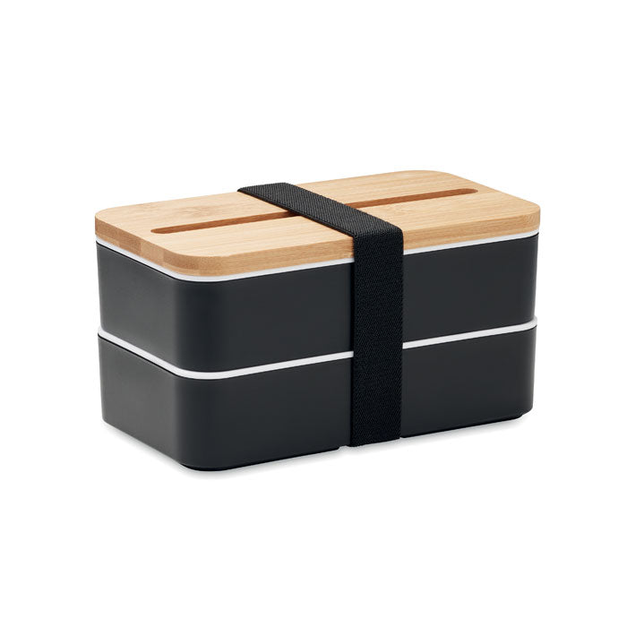 Lunchbox en PP recyclé avec 2 compartiments, 3 couverts inclus et couvercle en bambou WINT personnalisable