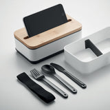 Lunchbox en PP recyclé avec 2 compartiments, 3 couverts inclus et couvercle en bambou WINT personnalisable