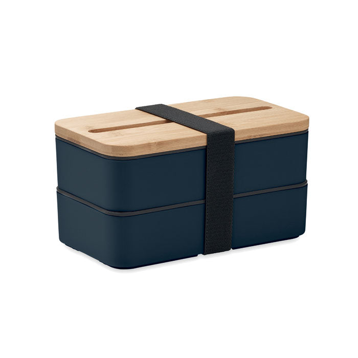 Lunchbox en PP recyclé avec 2 compartiments, 3 couverts inclus et couvercle en bambou WINT personnalisable