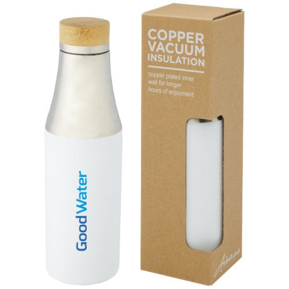 Bouteille Hulan de 540 ml en acier inoxydable avec  cuivre et isolation par le vide avec couvercle en bamboupersonnalisable avec logo