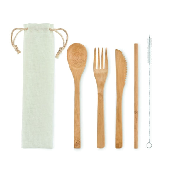 Couverts En Bambou Avec Paille Setstraw Personnalisable Beige Accessoires De Déjeuner